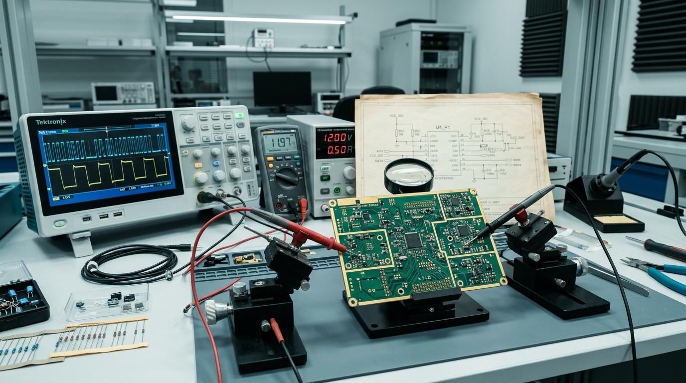 Electronics engineering bench with precision prototype PCB, digital oscilloscope, and technical schematics